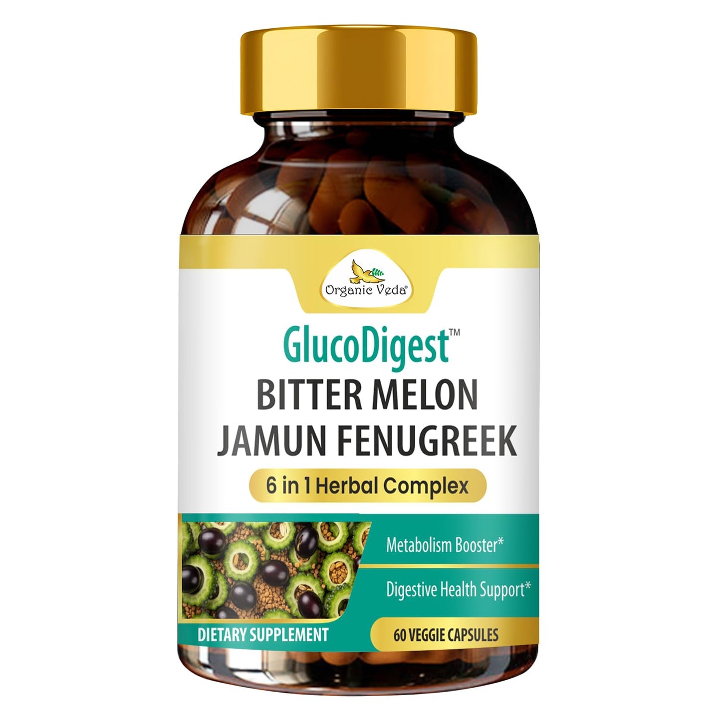 Organic Veda GlucoDigest Bitter Melon Gymnema Sylvestre Fenugreek Capsules, 60 Capsules