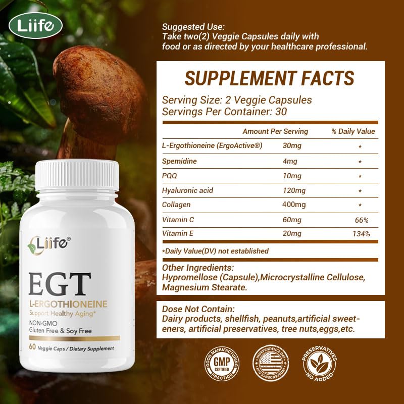 LIIFE L-Ergothioneine Supplement (EGT) 30mg, Antioxidant for Longevity and Skin Health, 60 Capsules