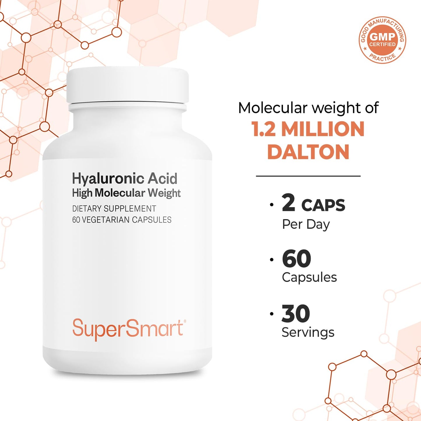 Supersmart Hyaluronic Acid Supplement 300mg per Day (Sodium Hyaluronate) - High Molecular Weight 1.2 Million Daltons, Non-GMO & Gluten Free, 60 Capsules