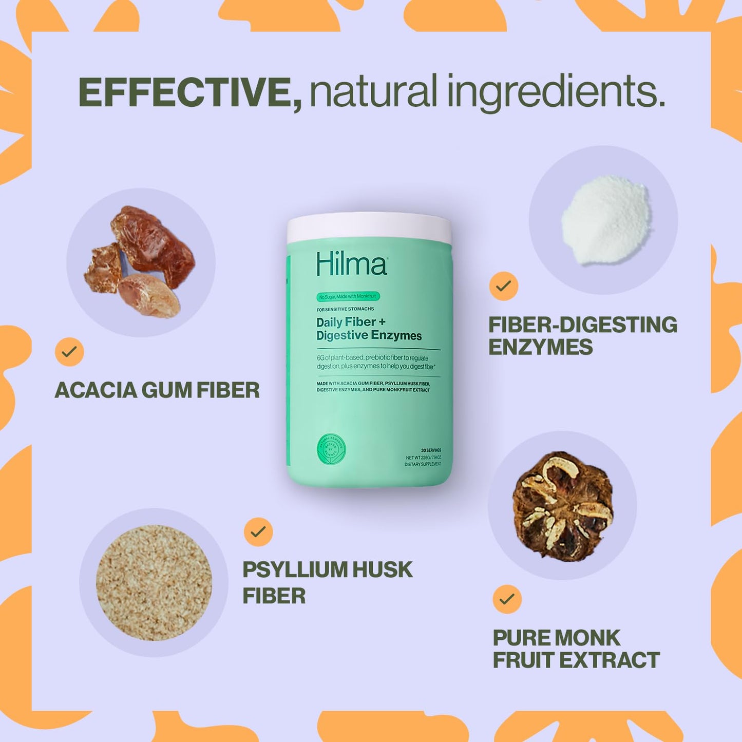 Hilma Daily Fiber and Digestive Enzymes Powder, Fiber Supplement with Prebiotics and Enzymes Formulated with Psyllium Husk and Acacia, Gluten Free, Vegan, Digestive Support, 7.94 Ounce