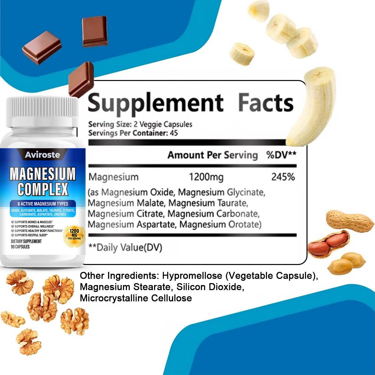 Aviroste Magnesium Complex Capsules, 8-Elemental 1000mg (Glycinate, Citrate, Malate, Taurate) - 1 Count