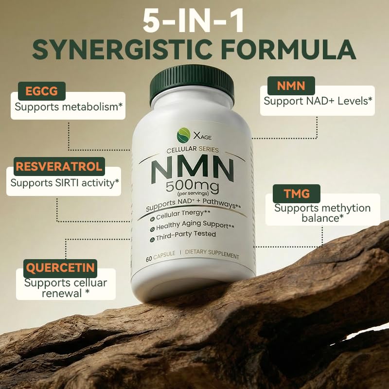XAGE NMN Supplement 500mg with Quercetin EGCG Resveratrol & TMG Capsules, 60 Count