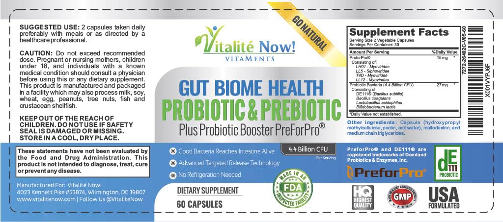 Vitalité Now! Premium Probiotic Plus Ultimate Prebiotic Capsule - Gut Biome Builder & Restoration 60 Count