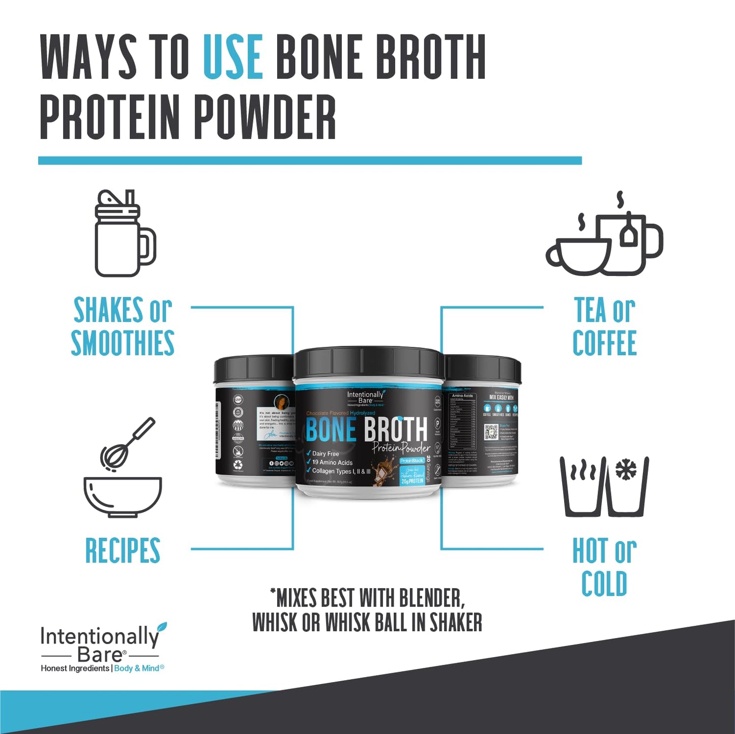 Intentionally Bare Bone Broth Powder, Grass-Fed, Collagen Peptides Type 1-3, Dairy Free, Chocolate, 20 Servings