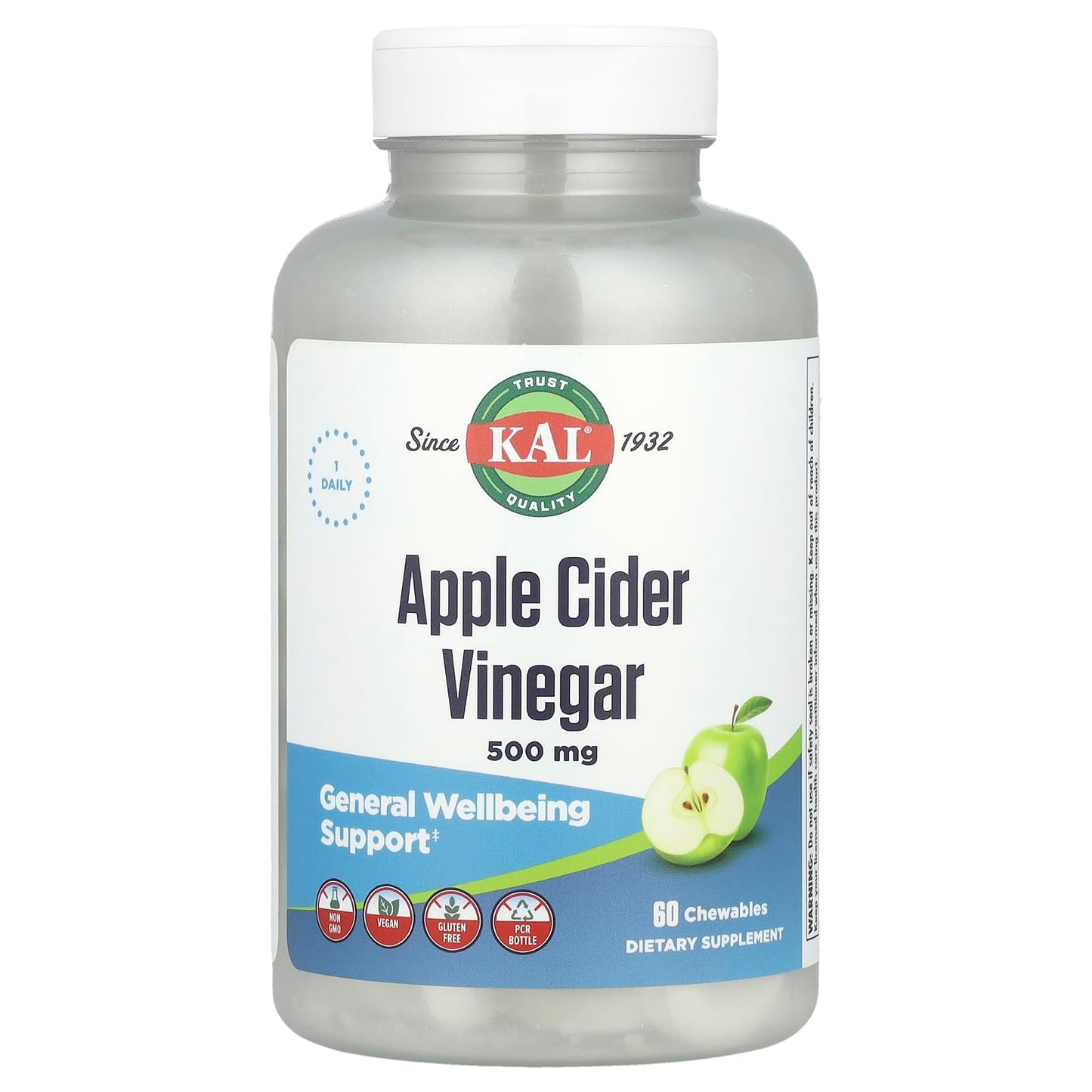KAL Apple Cider Vinegar 500 mg Chewable Tablets, 60 Tablets