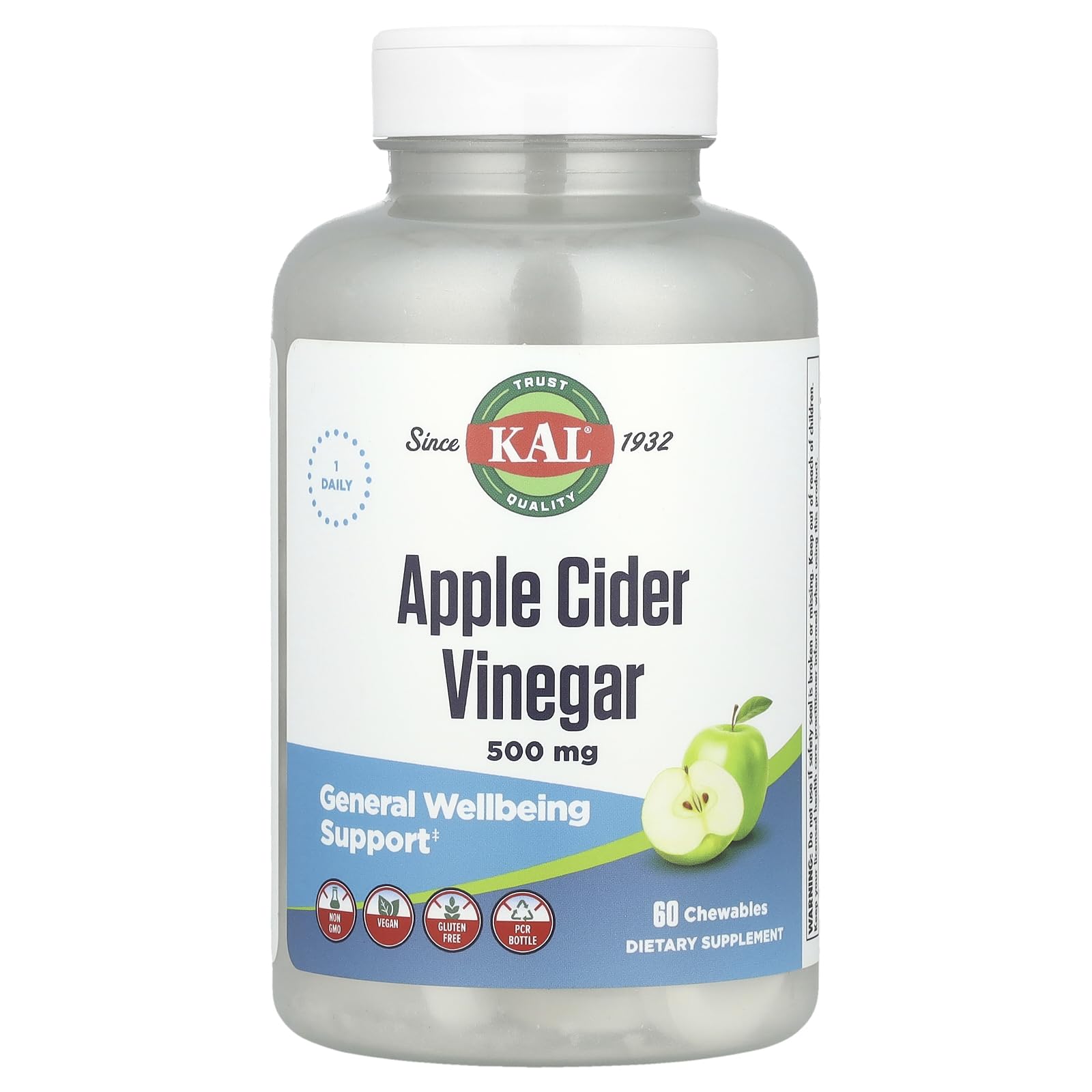 KAL Apple Cider Vinegar 500 mg Chewable Tablets, 60 Count