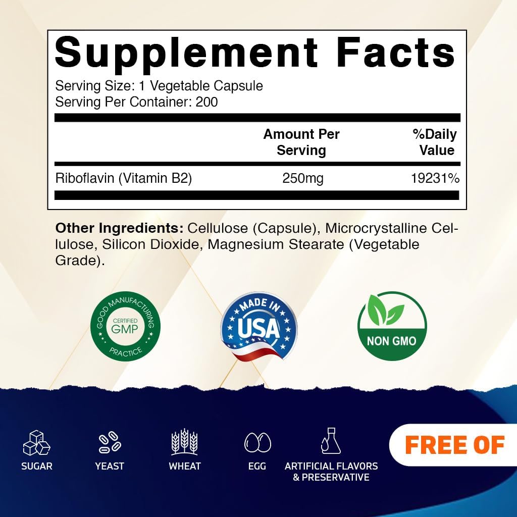 Vitamatic Vitamin B2 (Riboflavin) 250 mg Capsules, 200 Count