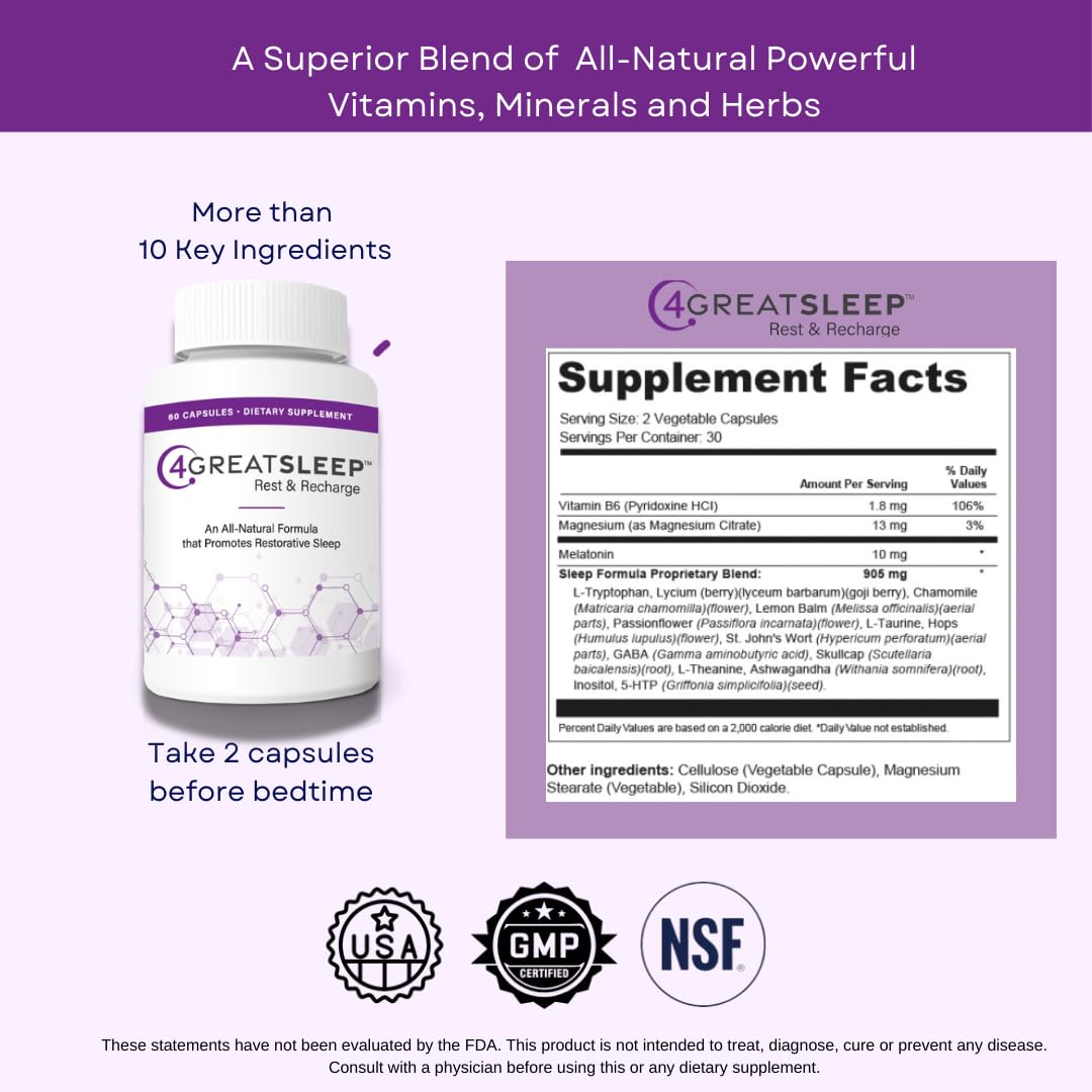 4GREATSLEEP Rest & Recharge Natural Sleep Aid with Melatonin, GABA, Ashwagandha & L-Tryptophan, 60 Capsules
