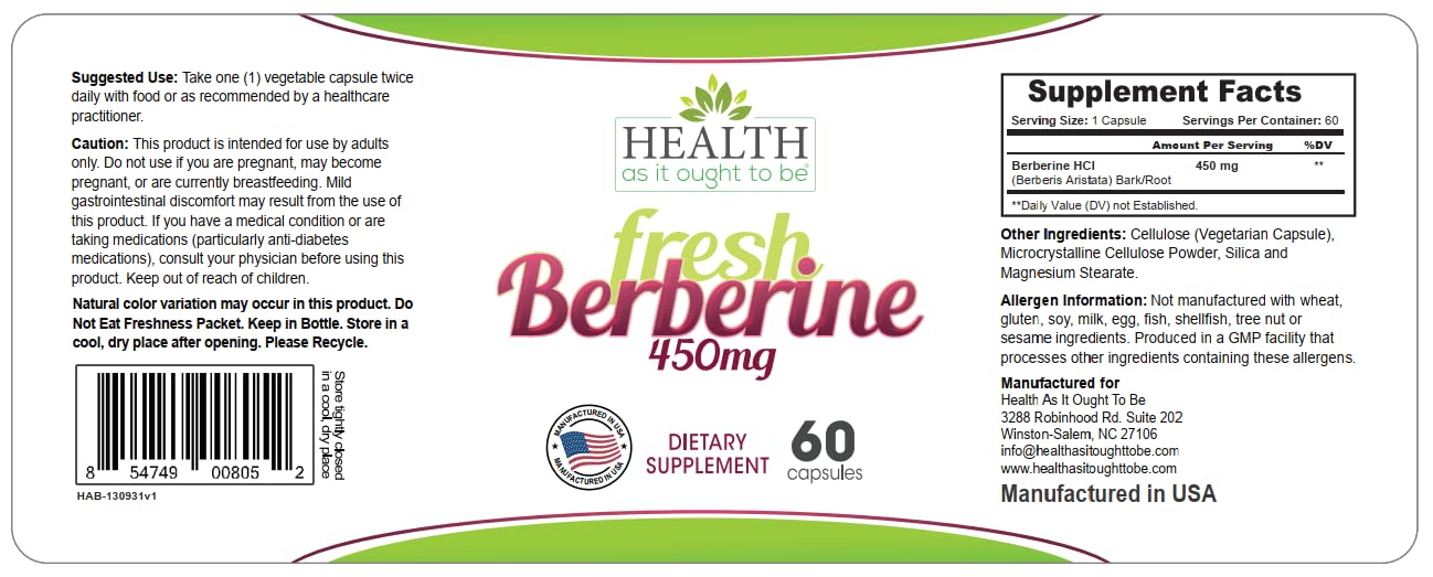 Health As It Ought To Be Fresh Berberine 450mg Capsules 60 Count
