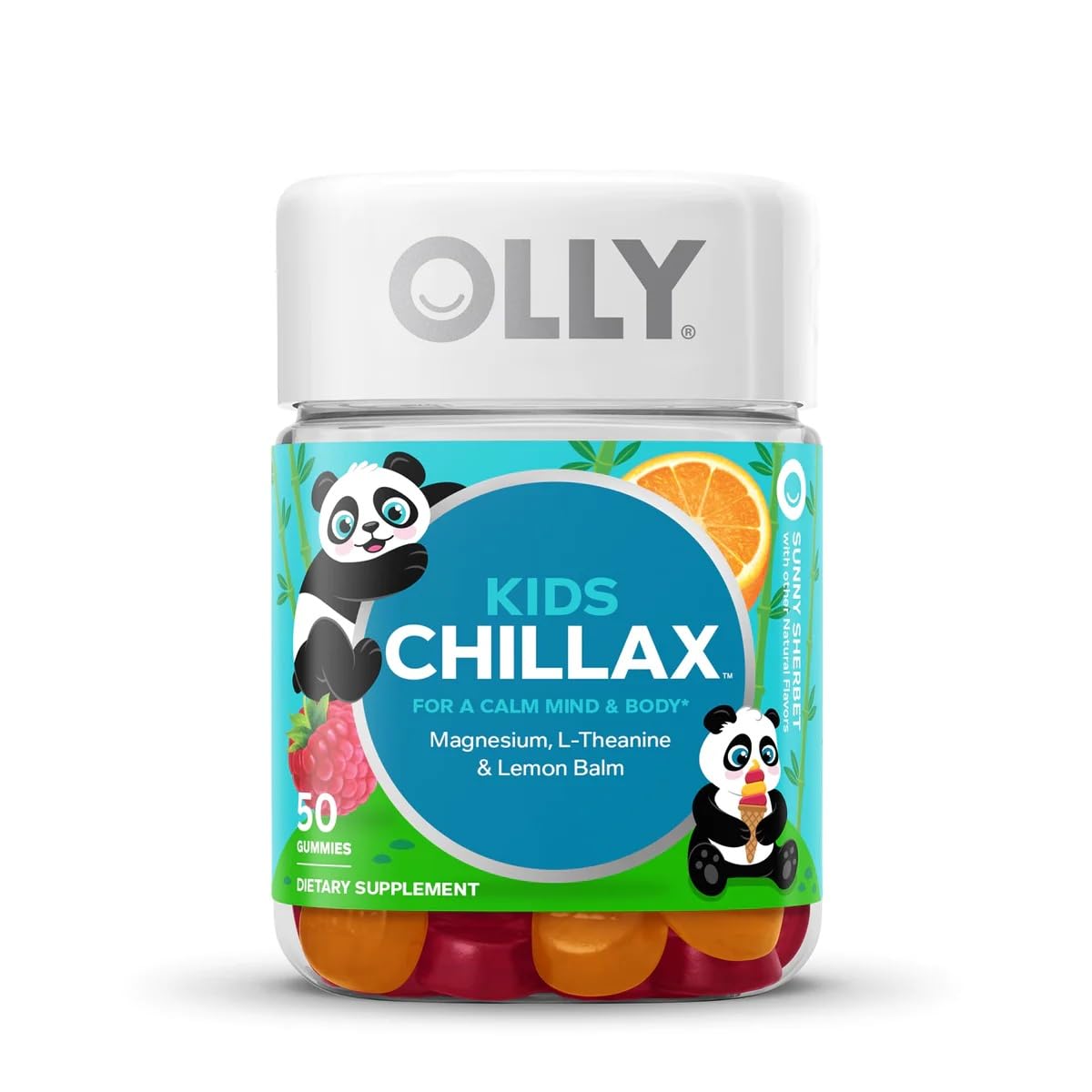 OLLY Kids Chillax Magnesium Gummies Plus L-Theanine, Lemon Balm, Sherbet Flavor, 100 Gummies