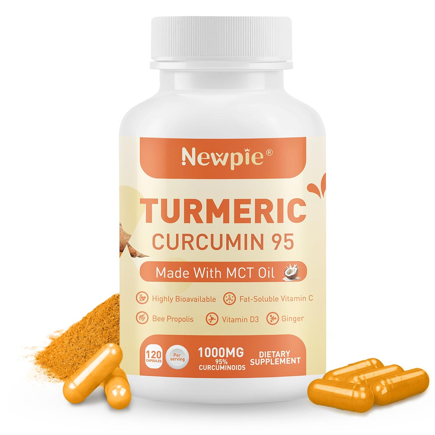 Newpie Turmeric Curcumin Supplement with MCT Oil, 120 Capsules