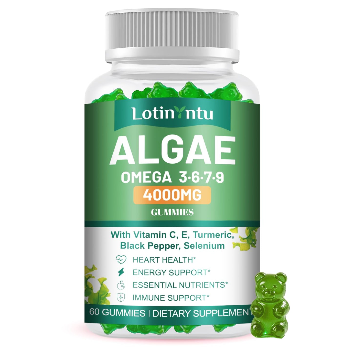 LotinYntu Algae Omega 3 Gummies 4000mg - Fish Oil Gummies Alternative from Algae Oil, DHA 1500MG & EPA 270MG, Vitamin C, E, Turmeric, Black Pepper & Selenium, Supports Heart, Brain & Immune Wellness, 60 Gummies