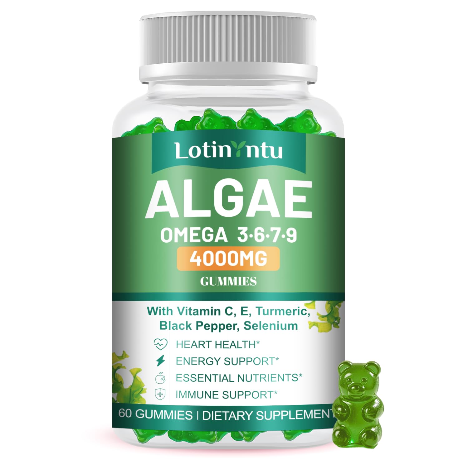 LotinYntu Algae Omega 3 Gummies 4000mg - Fish Oil Gummies Alternative from Algae Oil, DHA 1500MG & EPA 270MG, Vitamin C, E, Turmeric, Black Pepper & Selenium, Supports Heart, Brain & Immune Wellness, 60 Gummies