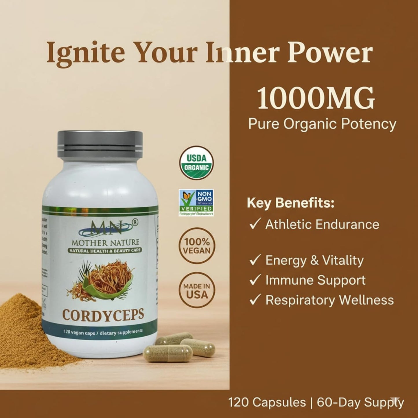 Mn Mother Nature Inc Cordyceps (Ophiocordyceps sinensis) Mushroom Supplement 1000mg Capsules 120