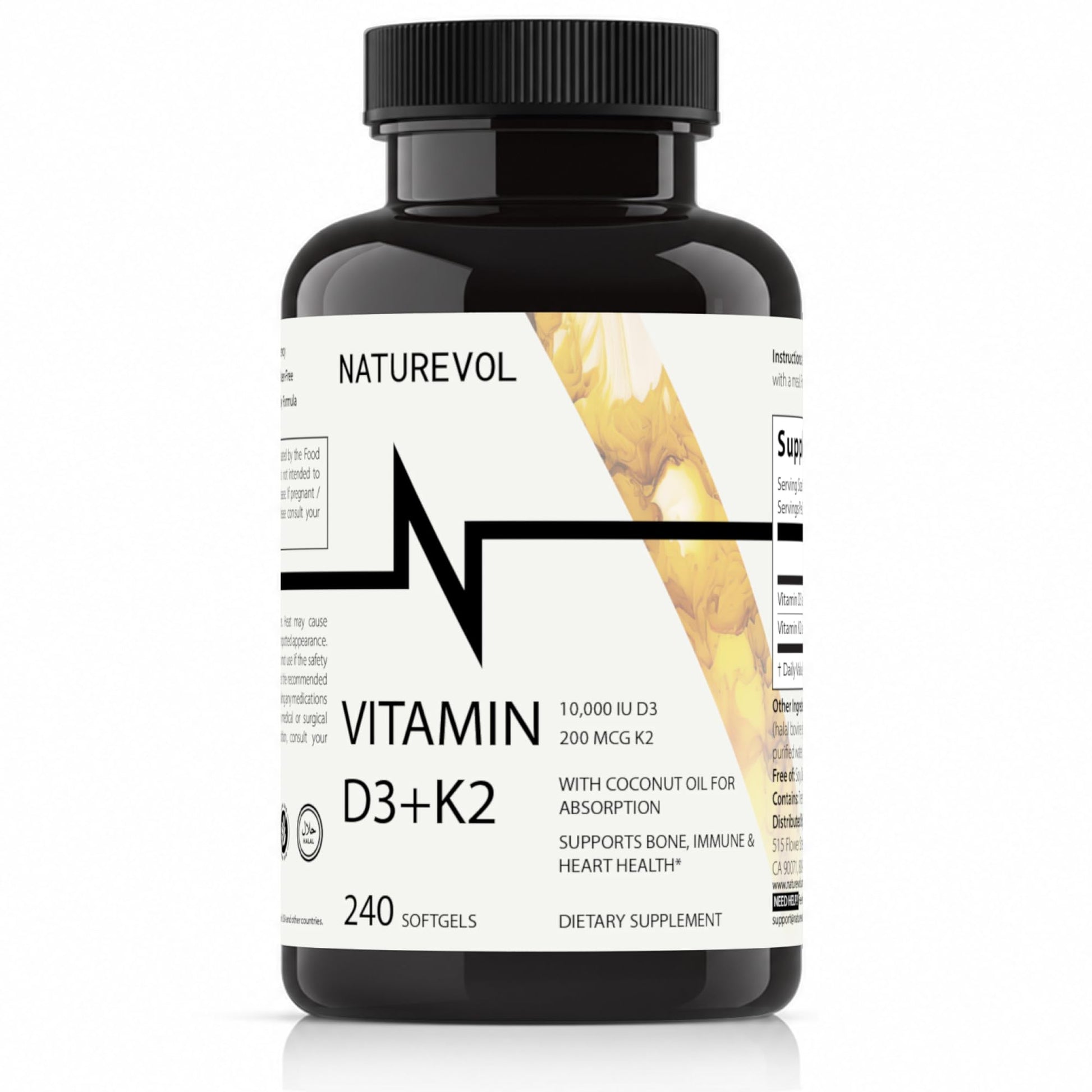 NATUREVOL Vitamin D3 10,000 IU + K2 200mcg Softgels, 240 Count