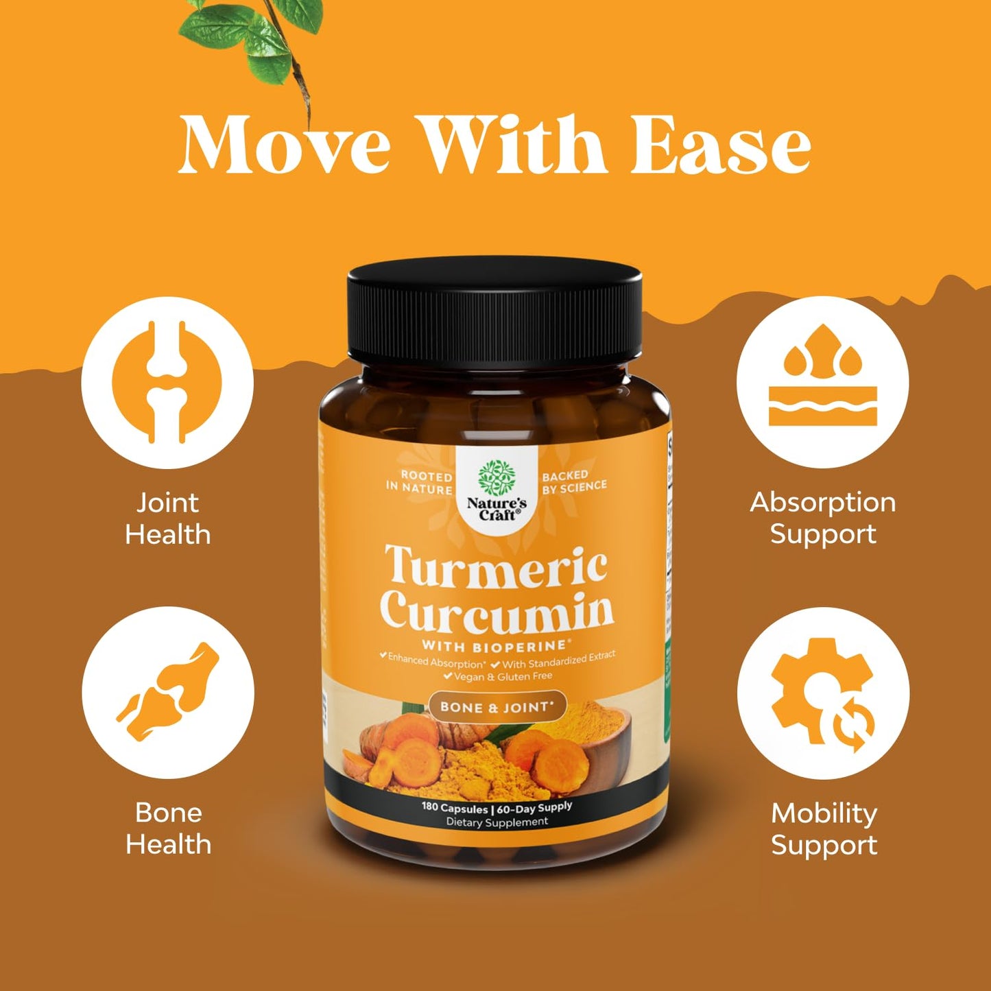 Natures Craft Turmeric Curcumin with Black Pepper Extract Capsules, 180 Count