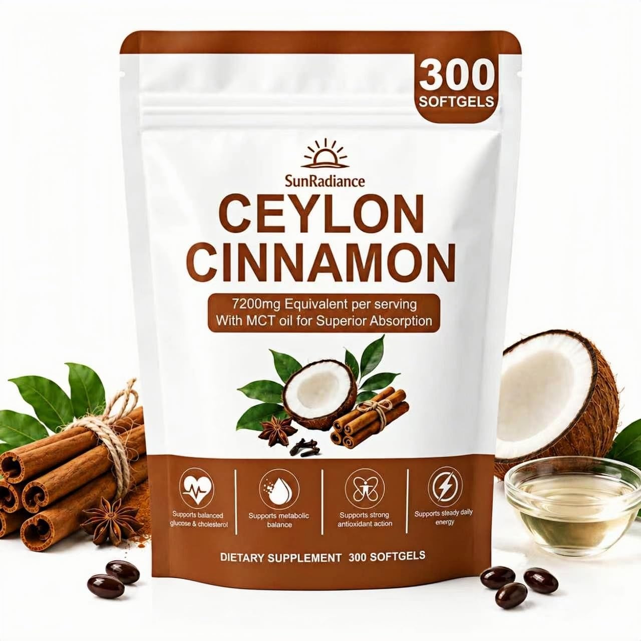 Sun Radiance Ceylon Cinnamon Softgels 600mg with MCT Oil - High Bioavailability Digestive Comfort & Overall Wellness, 300 Softgels
