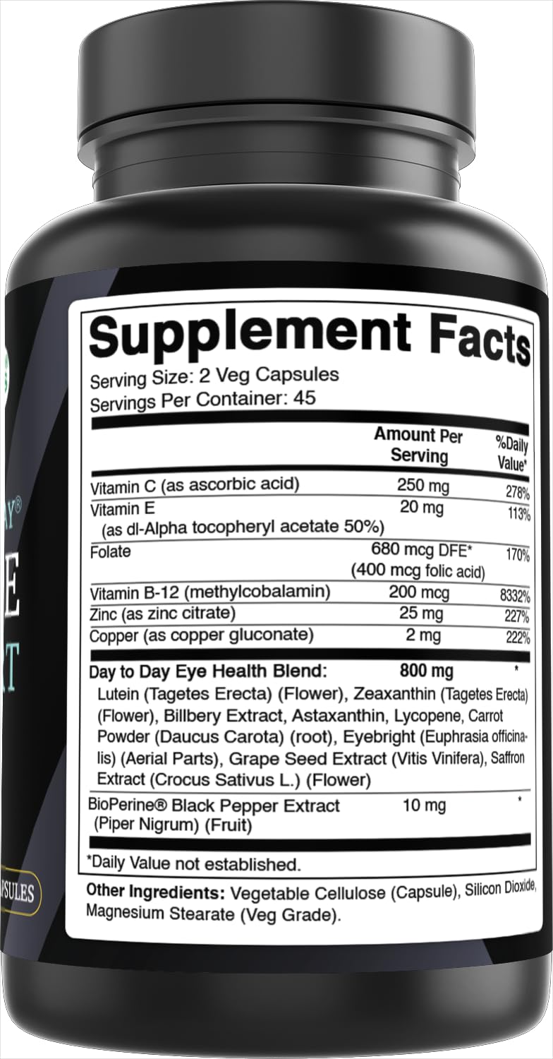 Best Naturals Day-to-Day Eye Support with Lutein, Zeaxanthin, Bilberry Extract, Astaxanthin, Lycopene, Carrot Powder, 90 Capsules