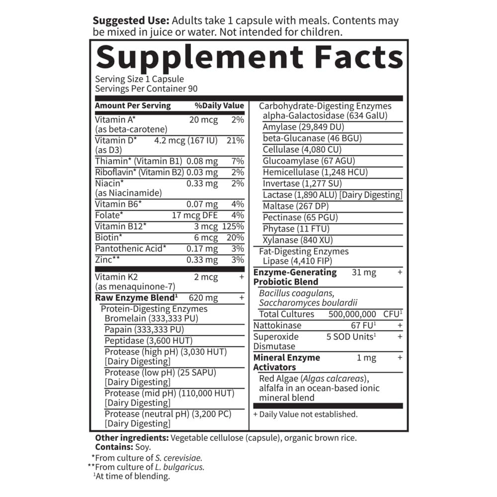 Garden of Life RAW Enzymes 22 Digestive Enzymes for Women 50+ with Bromelain, Papain & Lactase Plus Probiotics & Vitamins B12, Biotin & Zinc, 90 Capsules