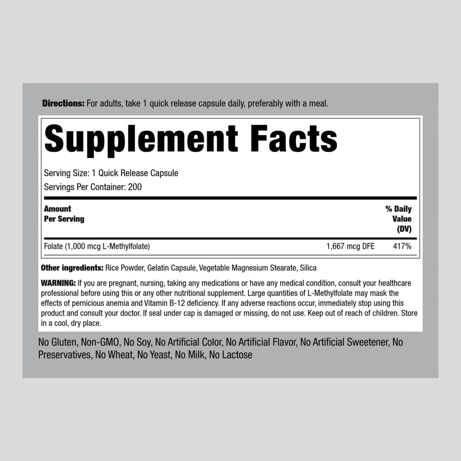 Piping Rock L Methylfolate Supplement Capsule, 200 Capsules