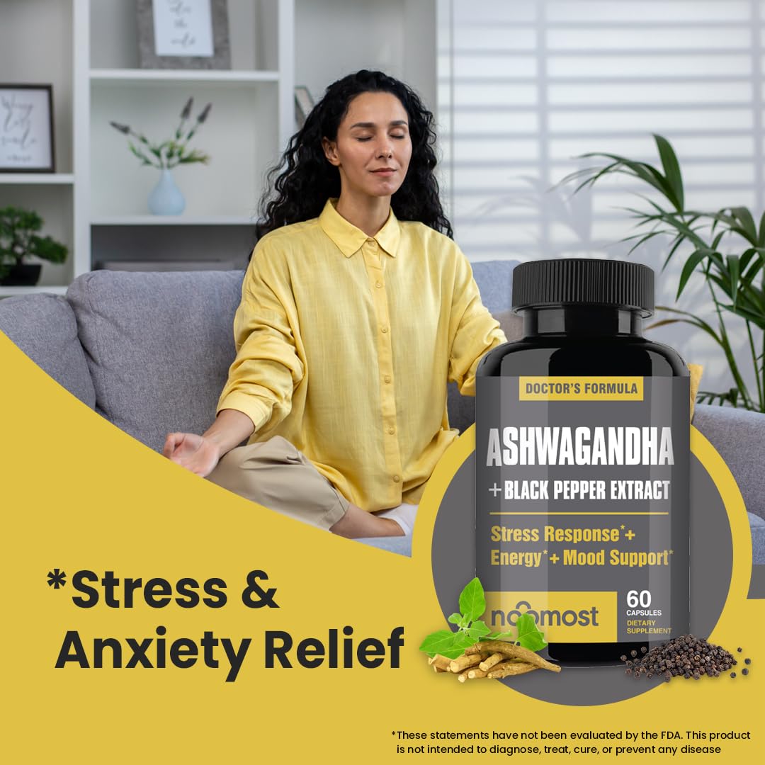 NooMost Organic Ashwagandha 400mg Capsules with Black Pepper Extract, Vegan Ashwagandha for Stress Relief, Mood Support, Energy & Focus, 60 Capsules