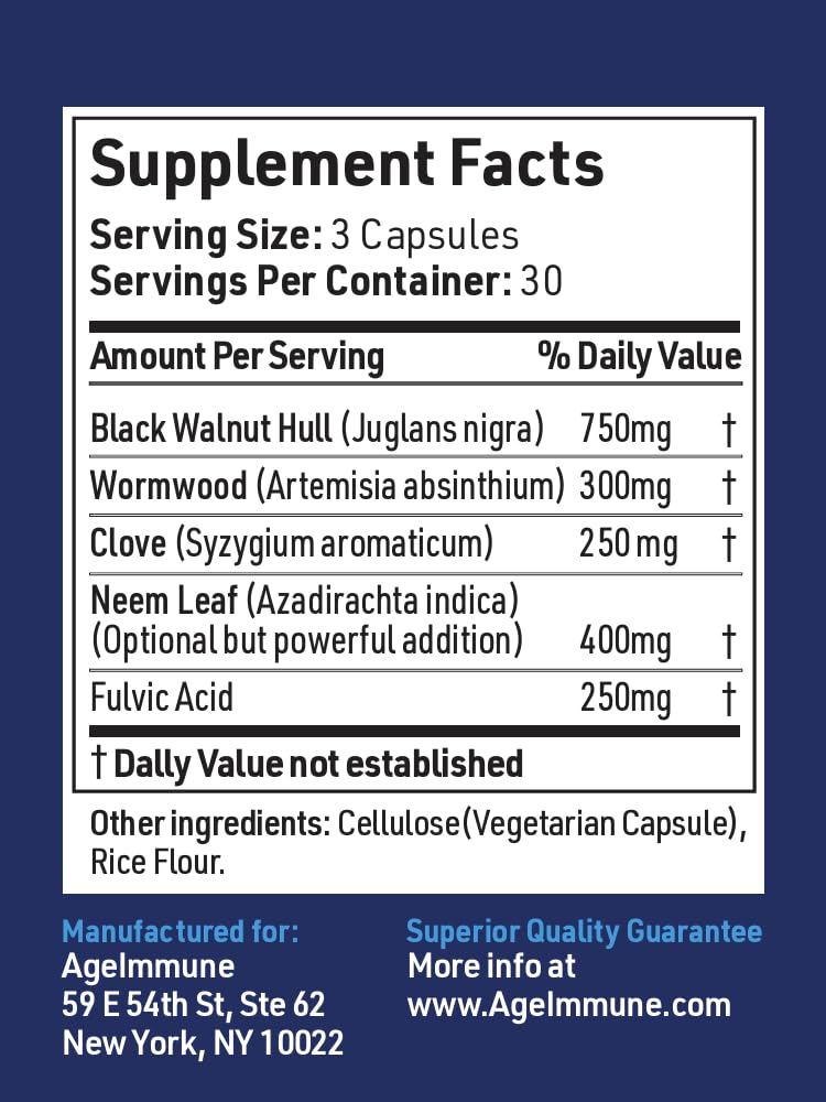 AgeImmune ImmuneG.I. Wormwood Black Walnut Clove Neem Fulvic Acid Intestinal Cleanse Formula Capsule 90 Count