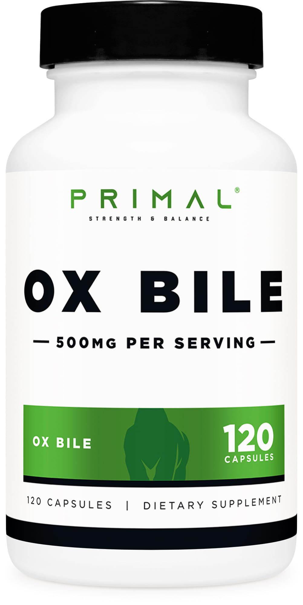 Primal Ox Bile 500mg Capsules, Gluten-Free, GMO-Free, 120 Count