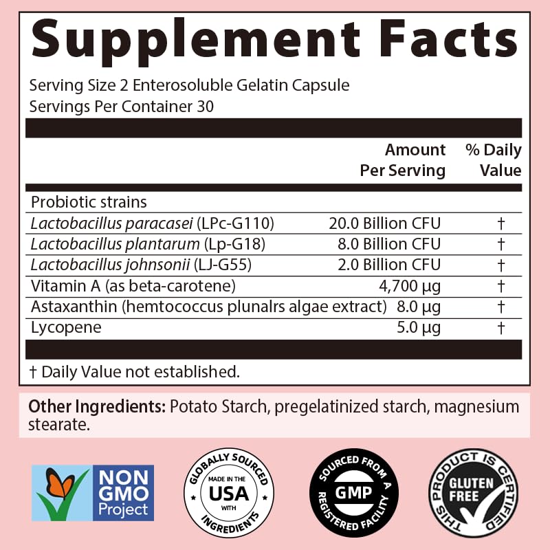 NATURESPAN Skin Probiotic 30 Billion Cultures (3 Strains) with Carotene, Astaxanthin & Lycopene Capsules, 60 Capsules