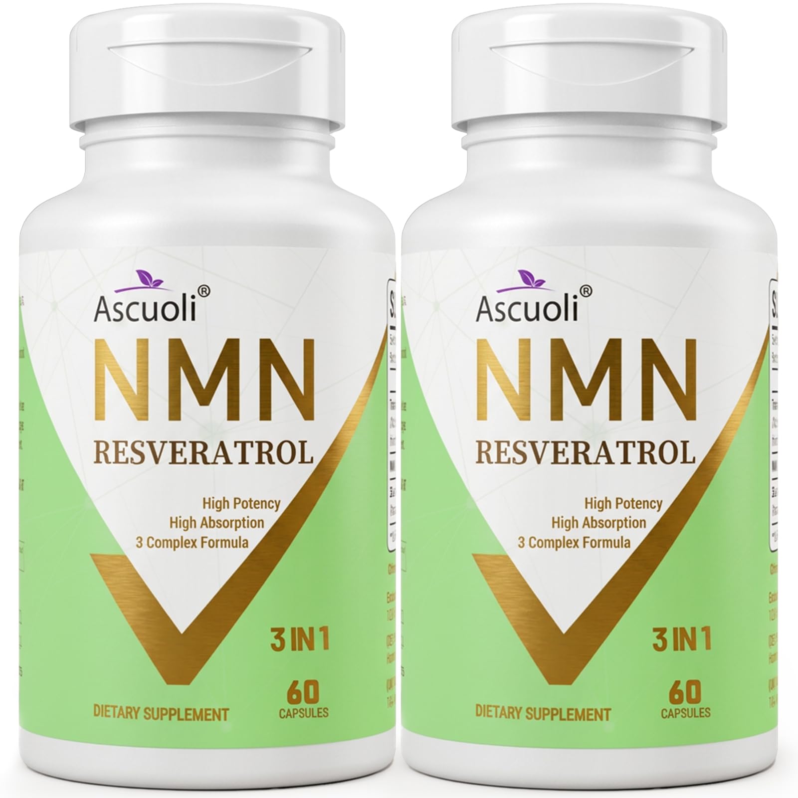 Ascuoli NMN 500mg + Trans-Resveratrol 600mg 1150mg NMN Resveratrol Supplement, 3-in-1 Advanced Formula, Stabilized, Capsules, 120 Count