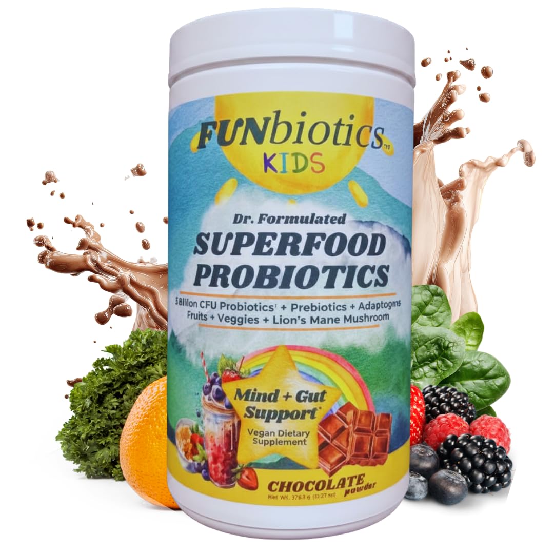 FUNbiotics Kids Probiotics Powder - Dr. Formulated Superfood Probiotic Powder with 5 Billion CFU, Prebiotics, Adaptogens, Lion's Mane - 13.27 Ounce