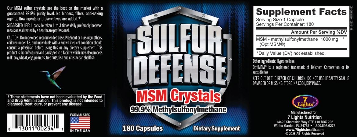 7 Lights Sulfur Defense Opti-MSM 99.9% Pure MSM Capsules, 180 Capsules
