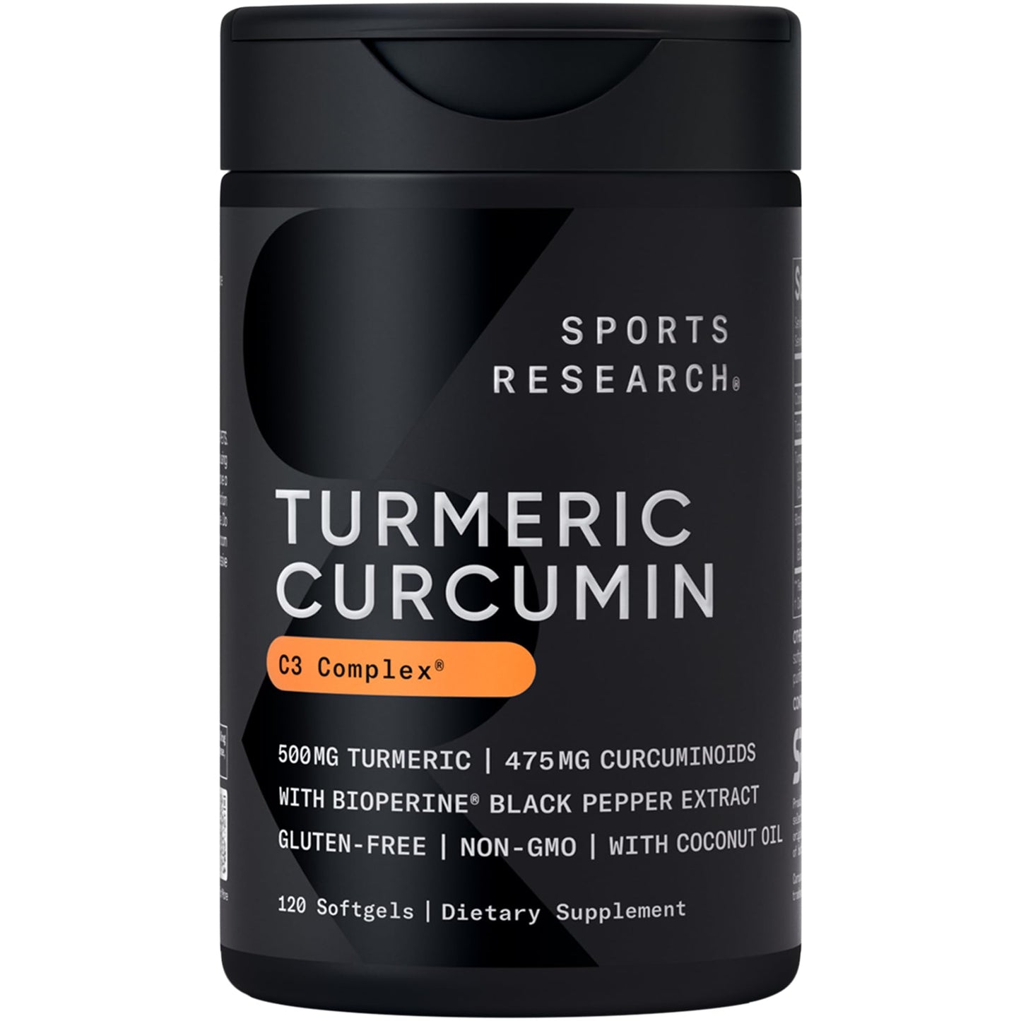 Sports Research Turmeric Curcumin C3 Complex w/BioPerine Black Pepper Extract & Organic Coconut Oil - Standardized 95% Curcuminoids Softgels, 120 Count