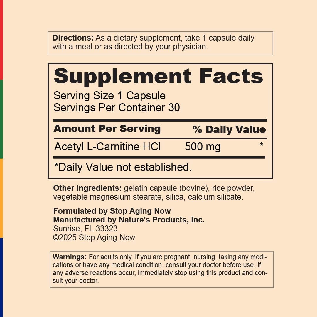 Stop Aging Now PurAlc Acetyl-L-Carnitine HCI PurALC 500mg Vitamin Supplement, 30 Capsules