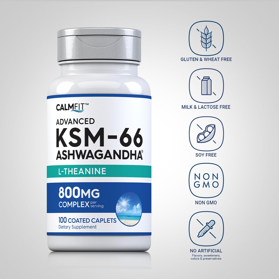 Piping Rock KSM-66 Ashwagandha Extract Supplement 800mg Complex with L-Theanine Caplets 100