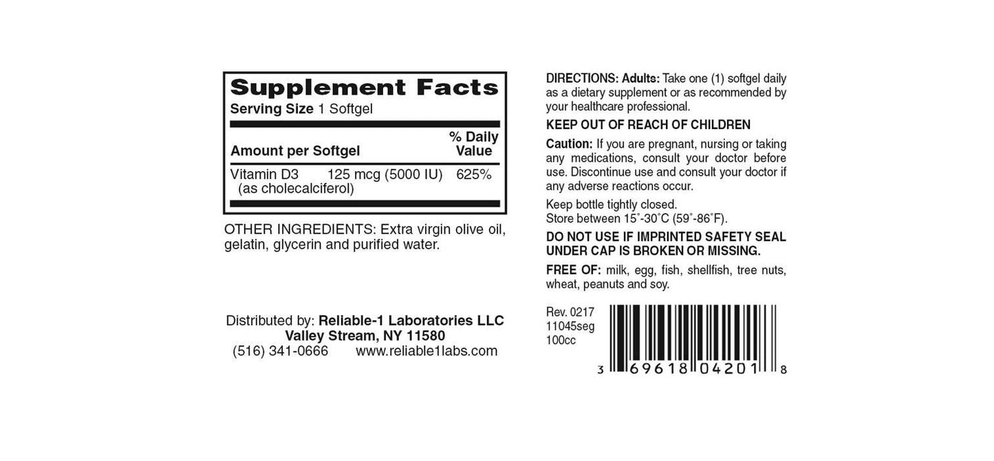 Reliable-1 Laboratories Vitamin D3 5000 IU Softgels, 300 Softgels