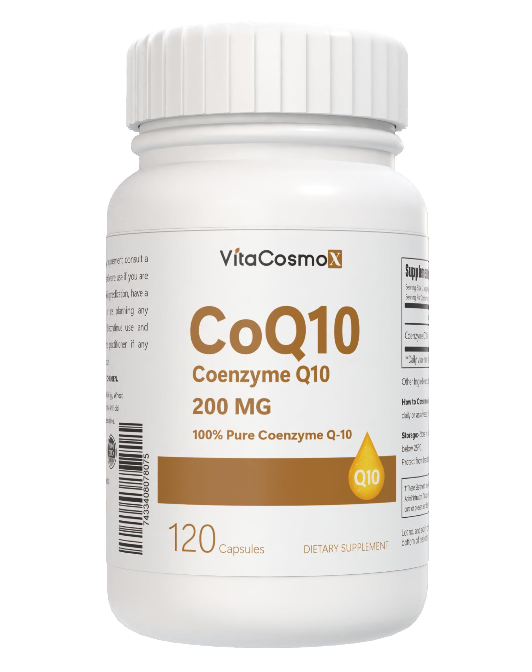 VitaCosmoX CoQ10 Vegan Capsules 200 mg, 120 Count