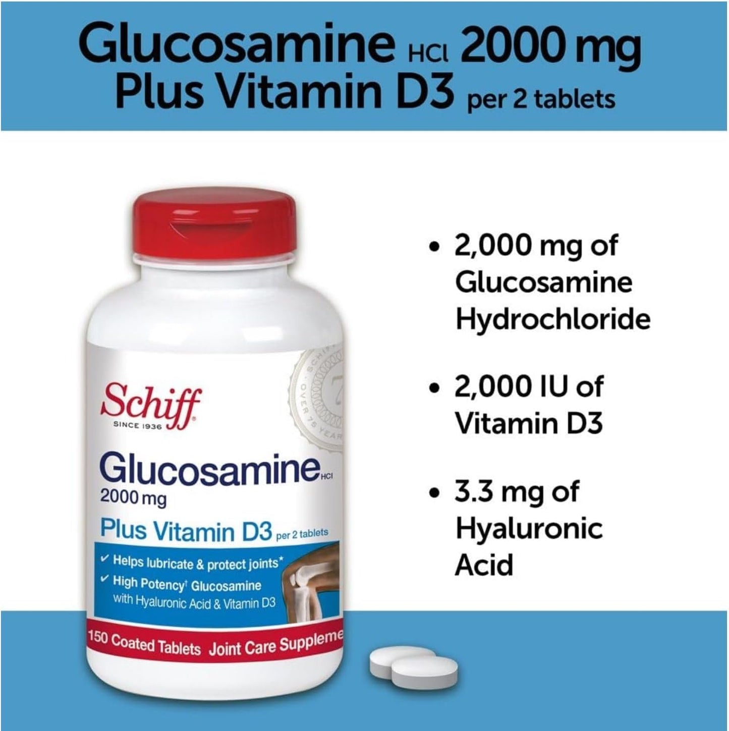 Schiff Glucosamine 2000mg with Vitamin D3 and Hyaluronic Acid, 150 Tablets