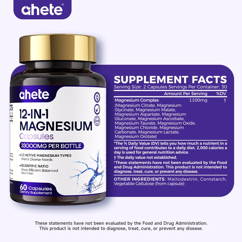 Ahete Magnesium Complex Capsules 1100mg Full-Spectrum Magnesium Blend – Citrate, Glycinate, Malate, Taurate & More – Supports Muscle Relaxation, Nervous System, Heart & Bone Health, 60 Capsules