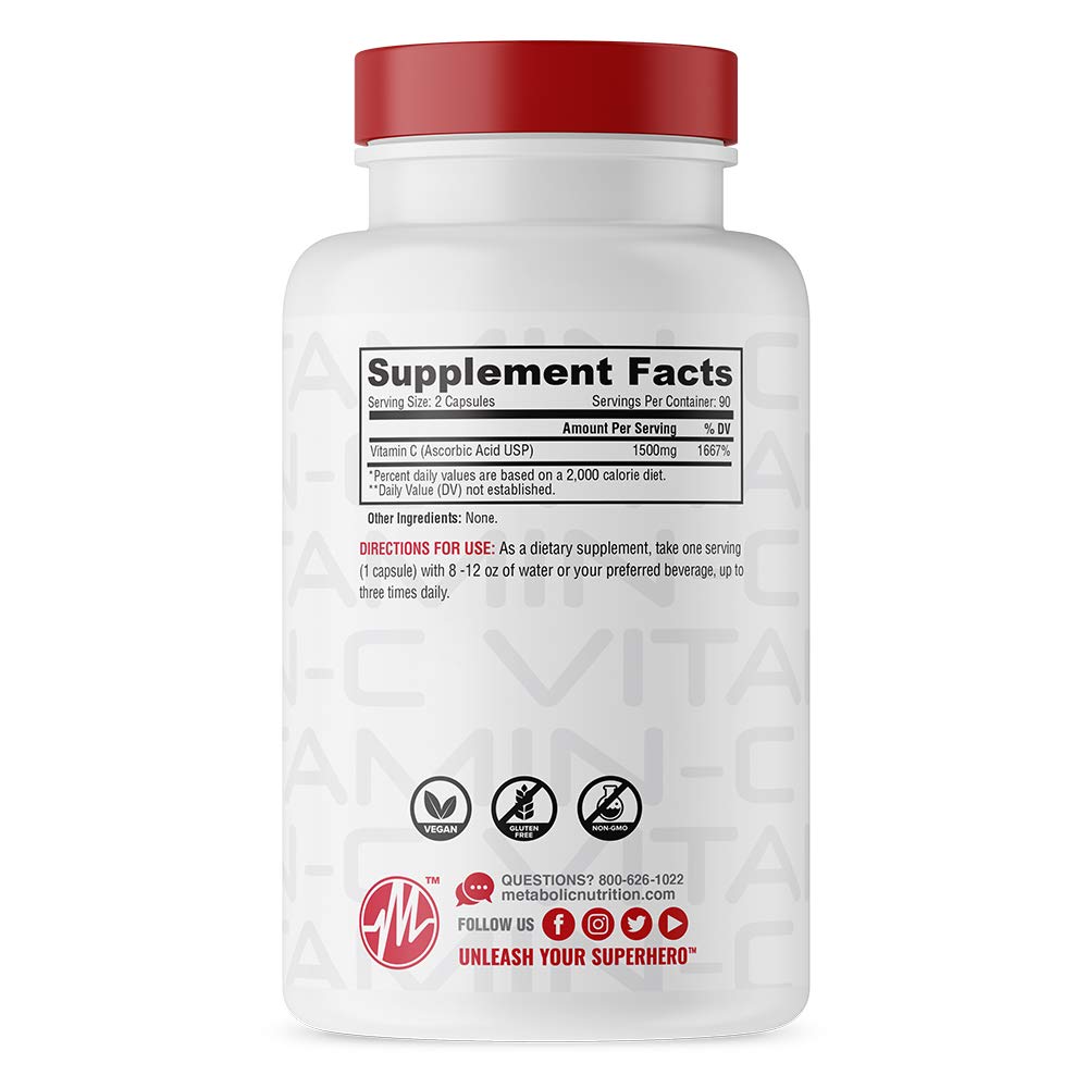 Metabolic Nutrition Vitamin C 1500mg Pure Pharma Grade High Absorption Ascorbic Acid Capsules, 90 Capsules