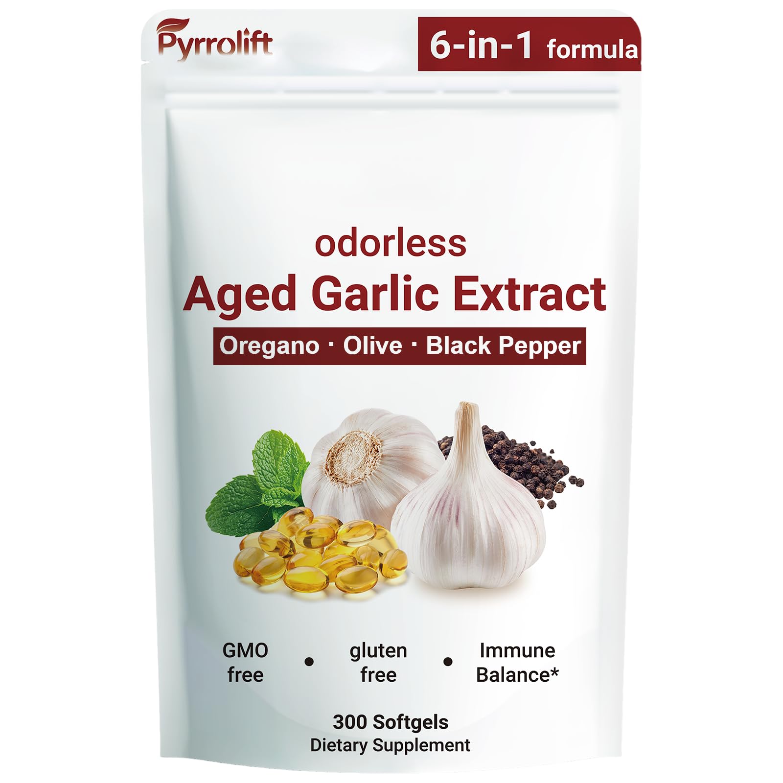 Pyrrolift Aged Garlic Extract with Vitamin D, Zinc, Oregano & Olive Leaf, 300 Capsules