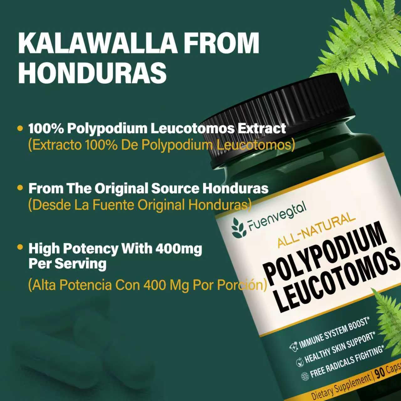 Fuenvegtal Polypodium Leucotomos Extract Capsules 90 Count