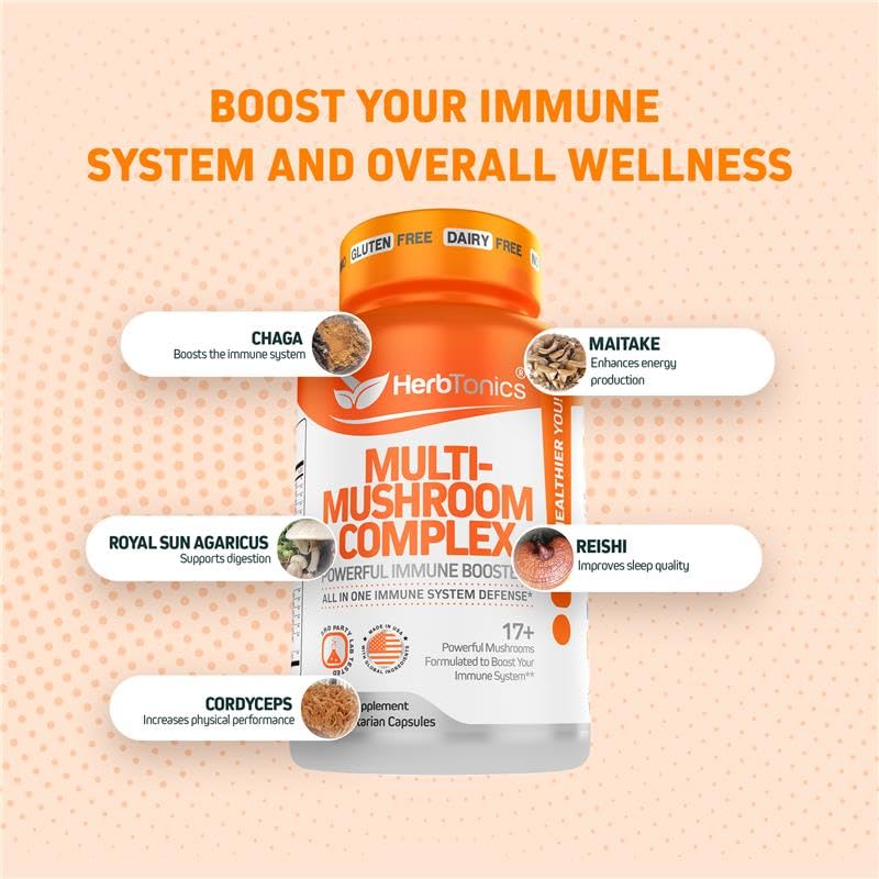 Herbtonics All-in-One Mushroom Supplement for Immune System Support, 120 Capsules