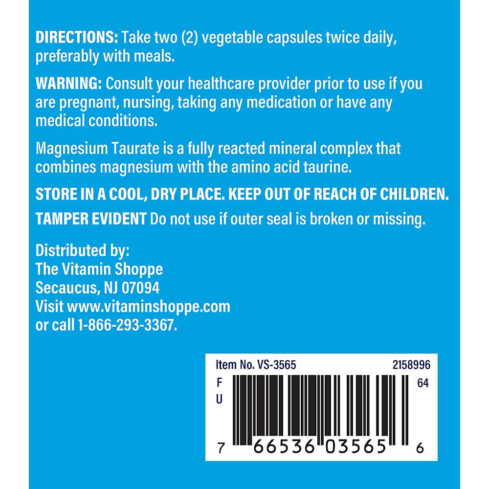 The Vitamin Shoppe Magnesium Taurate 125mg Vegetarian Capsules, 180 Count