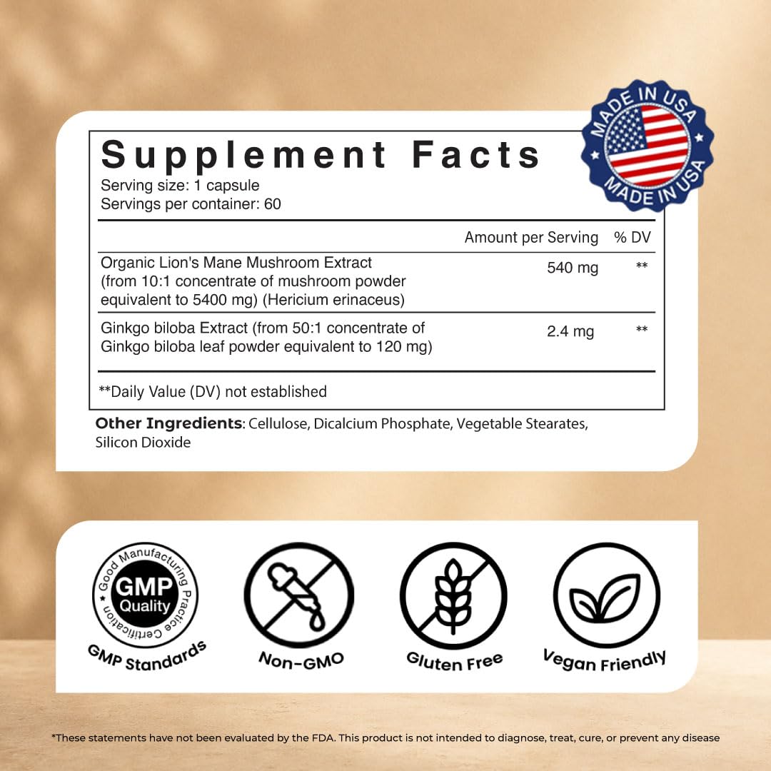 NooMost Lions Mane Supplement Organic Capsules With Ginkgo Biloba – Cognitive Health, Focus & Memory Support – Natural Superfood for Brain, Energy & Immune Health – Non-GMO – 60 Capsules