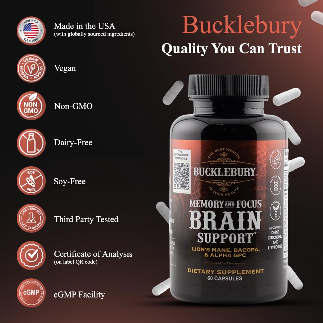 BUCKLEBURY Brain and Memory Nootropic Capsules with Bacopa & Alpha GPC, Cognitive Support & Focus, Vegan, 60 Capsules