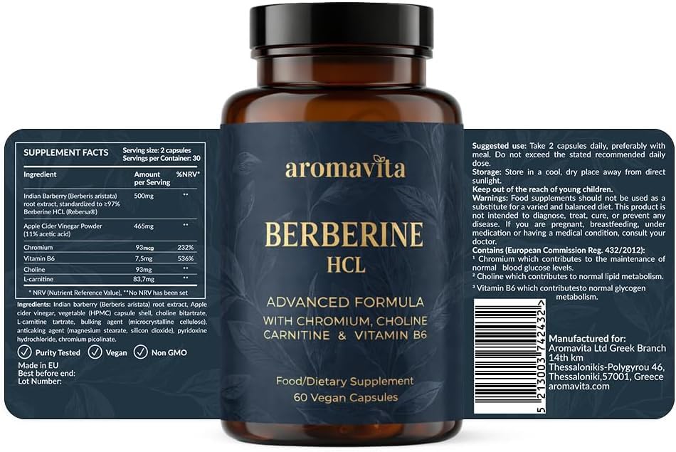 AROMAVITA Premium Berberine HCL – Rebersa® 500mg, ACV, Chromium, Choline, L-Carnitine & B6 – to Reduce Appetite and Cravings for Clinically Proven Weight Loss & Lipid Metabolism, Capsules, 60