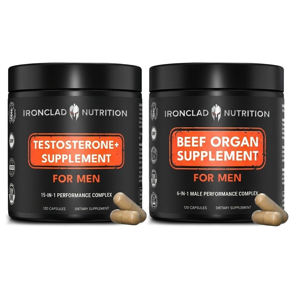 IRONCLAD NUTRITION Men's Performance Stack – Beef Organ Complex + Testosterone Supplement – Grass Fed Organs & 15-in-1 Test Support with Tongkat Ali, Ashwagandha, Shilajit, 240 Capsules