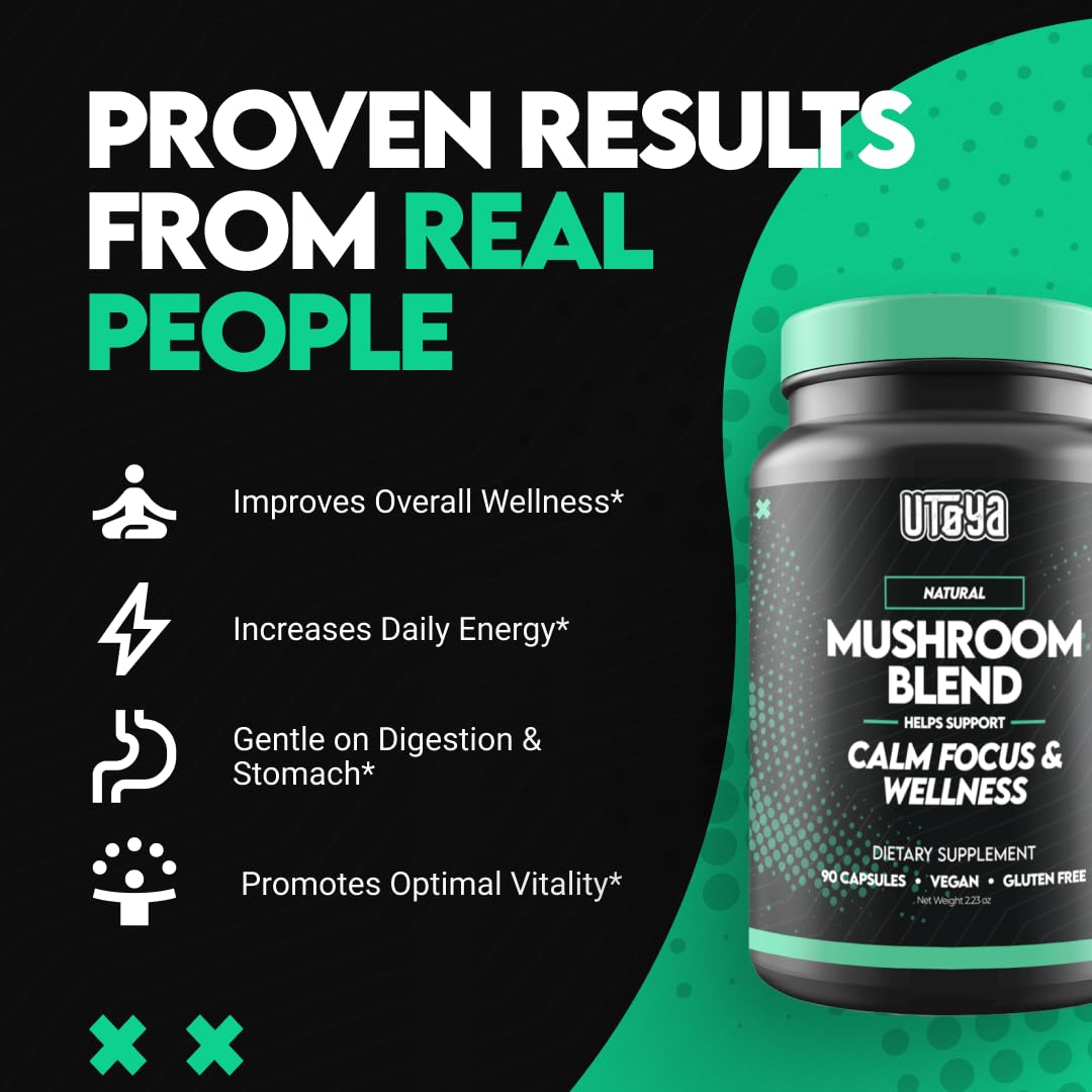 UTOYA Mushroom Blend Capsules - Lions Mane, Reishi, Cordyceps 90 Count