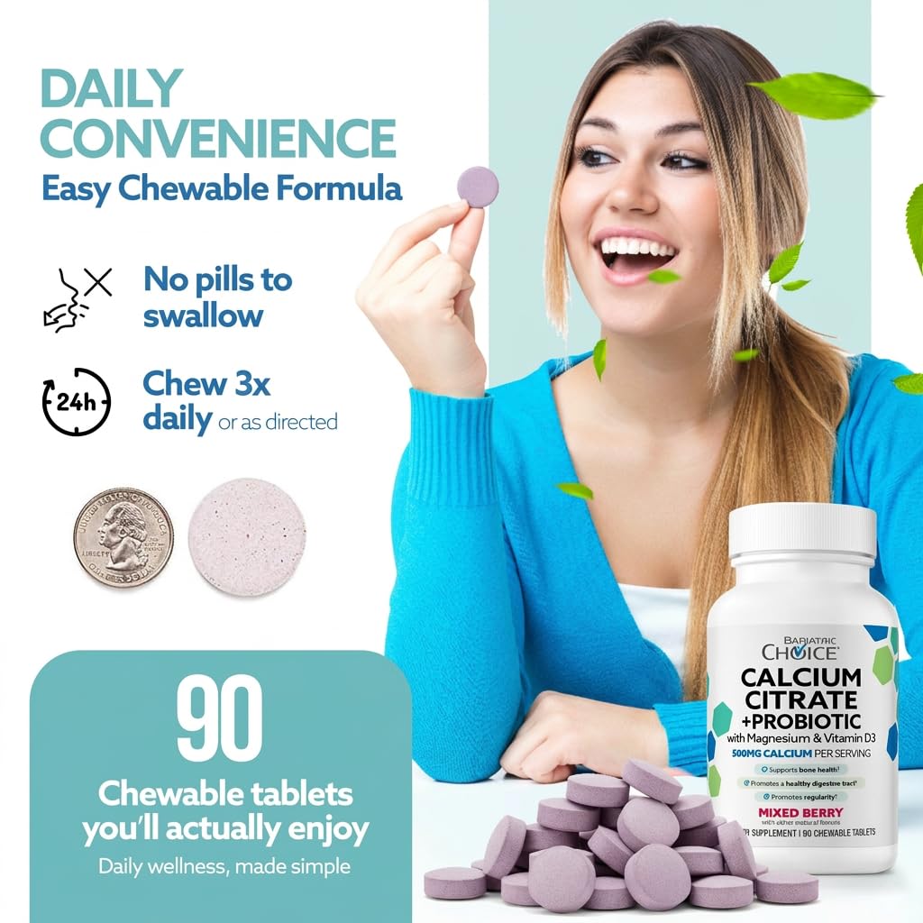 Bariatric Choice Calcium Citrate 500mg with Vitamin D3, Magnesium & Probiotics Tablets, 90 Count