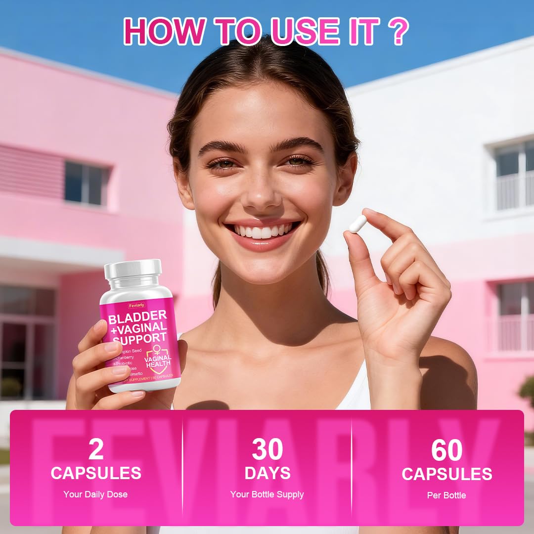 Feviarly Bladder Control Supplement for Women, Daily Urinary & Vaginal Support with Cranberry, Pumpkin Seeds, Probiotics, D-mannose, Saw Palmetto 60 Capsules